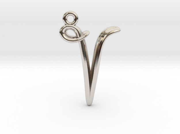 V Initial Charm in Rhodium Plated Brass