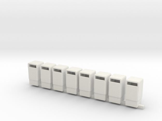 Trash Cans 1/87th HO Scale Set of 8 in White Natural Versatile Plastic