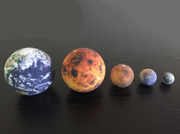 Mercury, Venus, Earth, Moon & Mars to scale in Full Color Sandstone