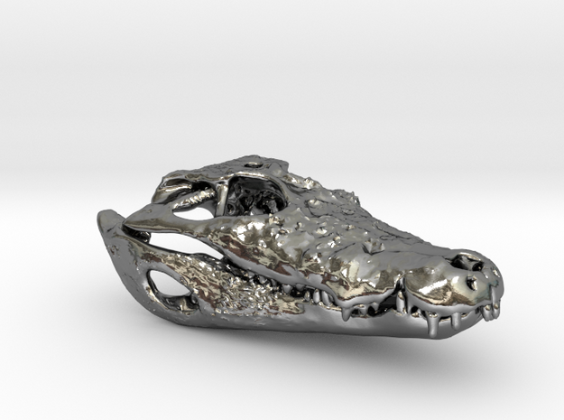 Alligator skull pendant: 50mm with loop in Polished Silver