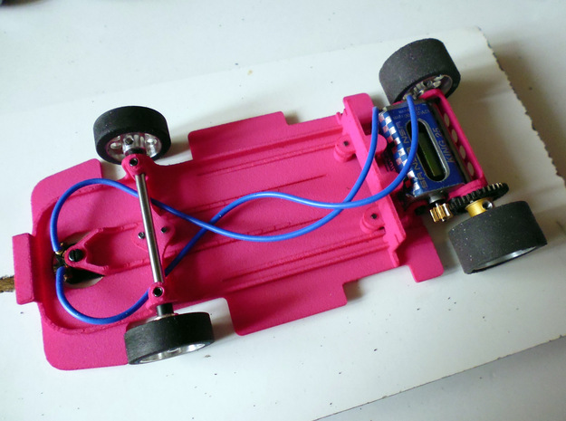 Slot car chassis for FXX 1/28 in Pink Processed Versatile Plastic