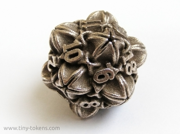 Floral 2 - D20 balanced gaming die in Polished Bronzed Silver Steel
