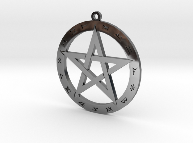 Pentagram with Runes in Fine Detail Polished Silver
