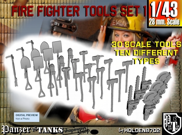 1-43 Firemen Tools Set 1 in Smooth Fine Detail Plastic
