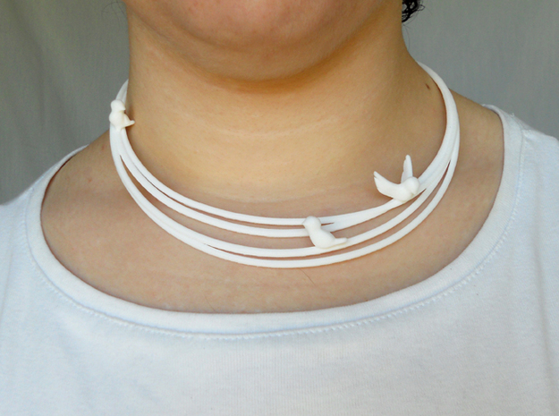 Birds on Wires Necklace Large in White Processed Versatile Plastic