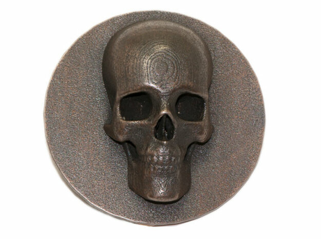 Belt Buckle With Skull in Polished Bronzed Silver Steel
