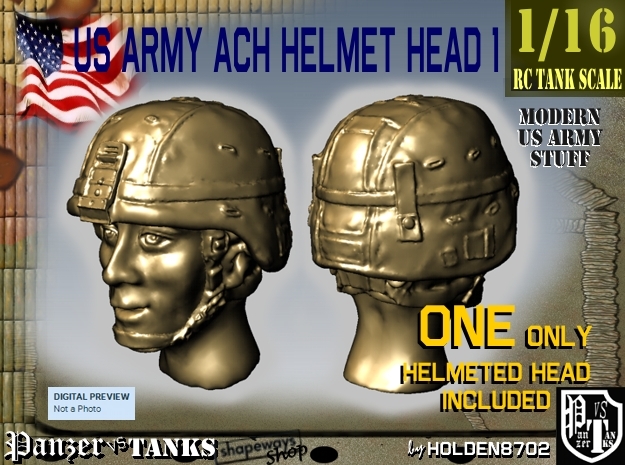 1/16 US Army ACH HELMET Head 1 in Smooth Fine Detail Plastic