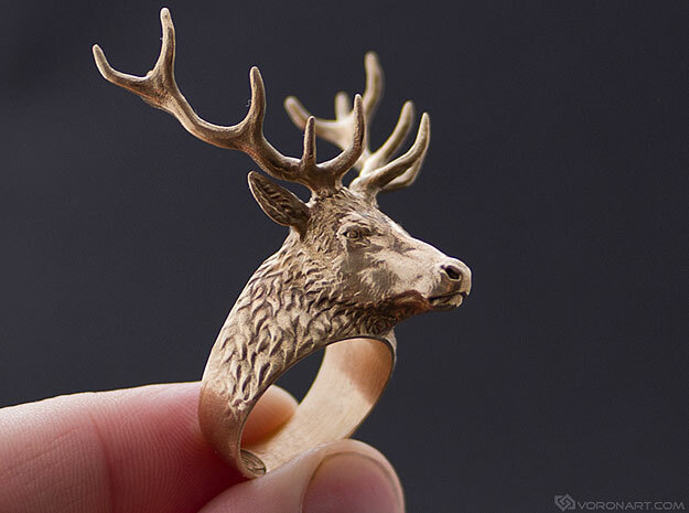 Deer Stag head ring. Hollow. in Polished Bronze: 11.5 / 65.25