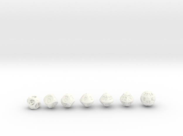 Round Roller Dice in White Processed Versatile Plastic: Polyhedral Set