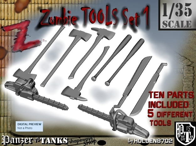 1-35 Zombie Tools Set 001 in Smooth Fine Detail Plastic