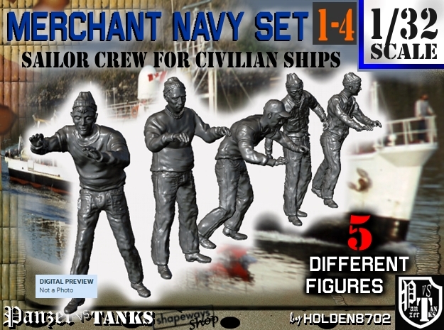 1-32 Merchant Navy Crew Set 1-4 in Tan Fine Detail Plastic