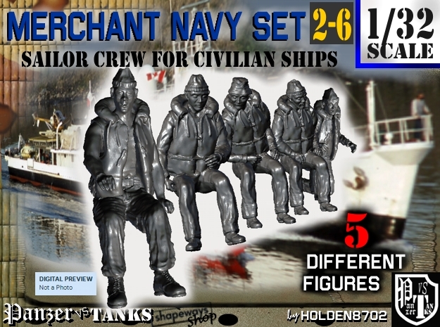 1-32 Merchant Navy Crew Set 2-6 in Tan Fine Detail Plastic