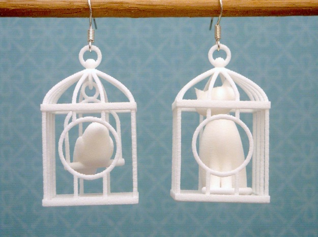 A Bird and a Cat Earrings in White Natural Versatile Plastic