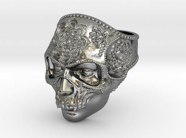 Mandala Skull Ring in Polished Silver
