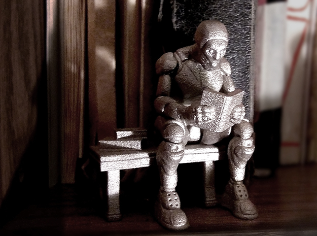 Robot Reading Book in Polished Bronzed Silver Steel