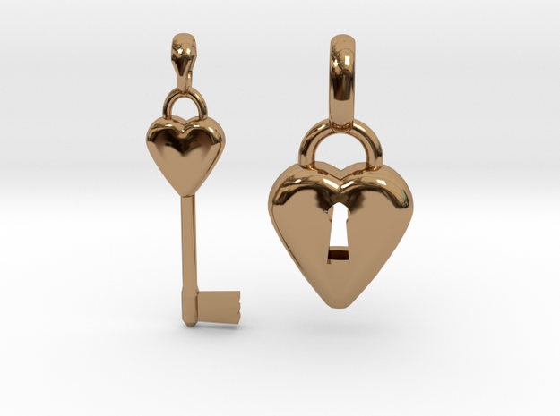 2 Pendants Hollow Heart and Key to Heart in Polished Brass