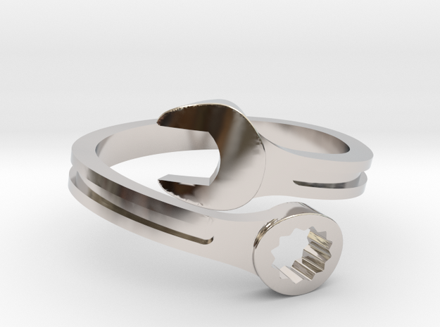Drive Girl. Spanner ring. Speed and drive. in Rhodium Plated Brass: 7 / 54