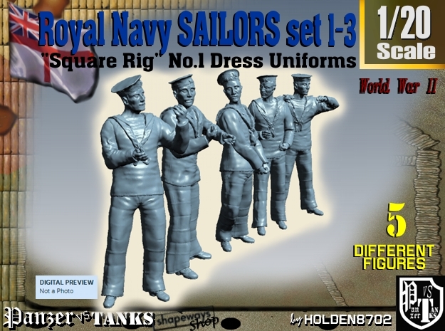 1-20 Royal Navy Sailors Set1-3 in White Natural Versatile Plastic