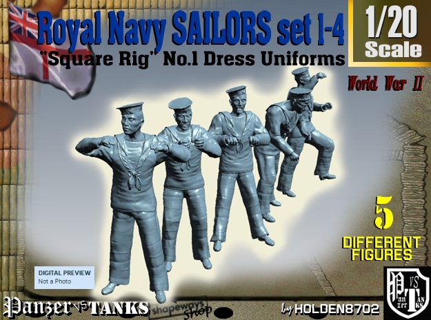 1-20 Royal Navy Sailors Set1-4 in White Natural Versatile Plastic