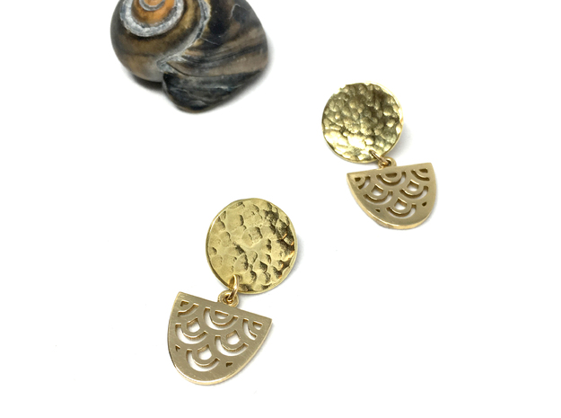Mermaid fish scale earring pendants in Polished Brass