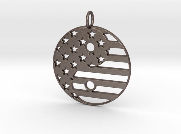 American USA Flag Yin Yang Symbol Pendant Charm in Polished Bronzed Silver Steel