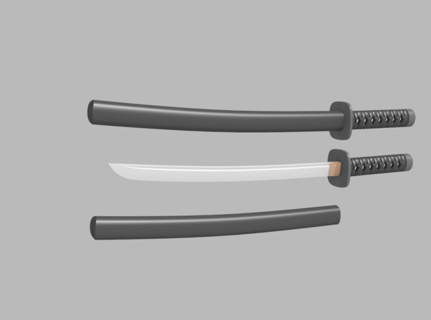 Wakizashi - 1:6 scale - Curved Blade - Tsuba in Smooth Fine Detail Plastic