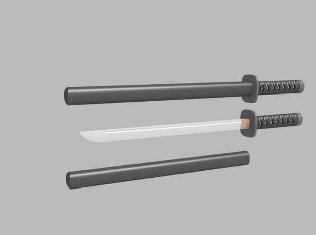 Wakizashi - 1:6 scale - Straight Blade - Tsuba in Smooth Fine Detail Plastic