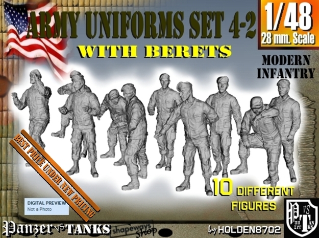 1-48 Army Modern Uniforms BERETS Set 4-2 in Tan Fine Detail Plastic
