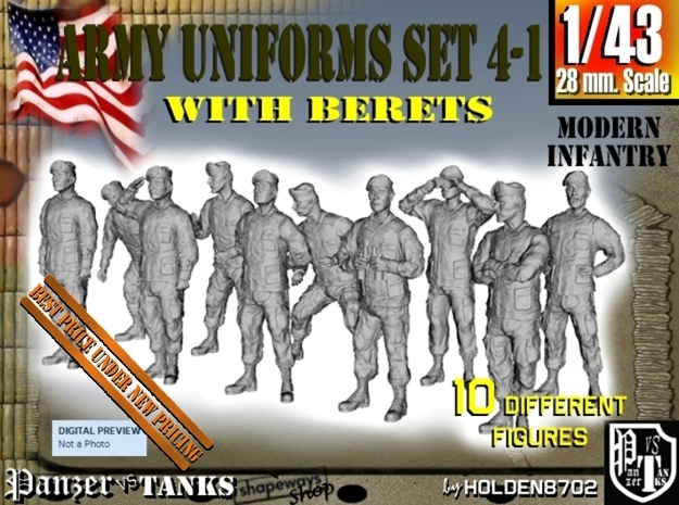 1-43 Army Modern Uniforms BERETS Set 4-1 in Smooth Fine Detail Plastic