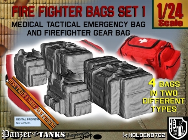 1-24 Med Tac Emerg And Firefight Gear Bag Set in Tan Fine Detail Plastic
