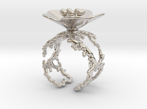 Flower ring (US sizes 10 – 13) in Rhodium Plated Brass: 10 / 61.5