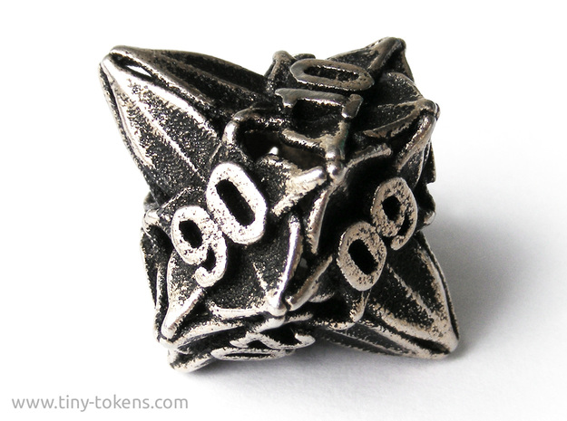 Floral Dice – 10D10 Gaming die (decader) in Polished Bronzed Silver Steel