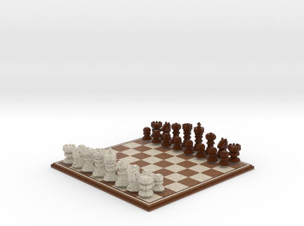 3D Pixel Chess Set - Wooden in Full Color Sandstone