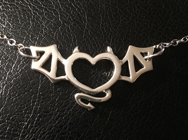 Winged Devil Heart in Fine Detail Polished Silver