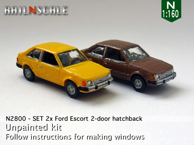 SET 2x Ford Escort 2-door hatchback (US) (N 1:160) in Tan Fine Detail Plastic
