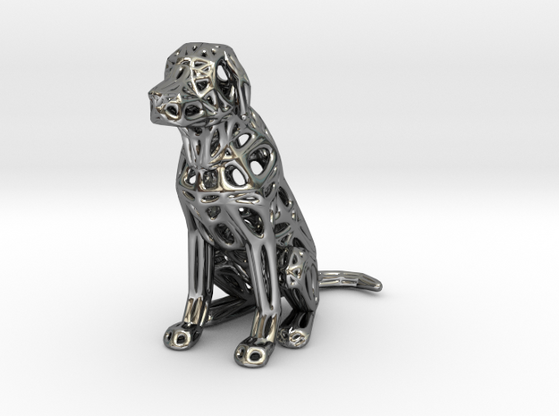 Voronoi Dog Sitting in Fine Detail Polished Silver