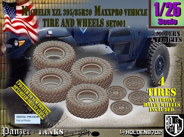 1/25 MaxxPro Mich XZL 395-85R20 Tire-Wheel Set001 in Tan Fine Detail Plastic