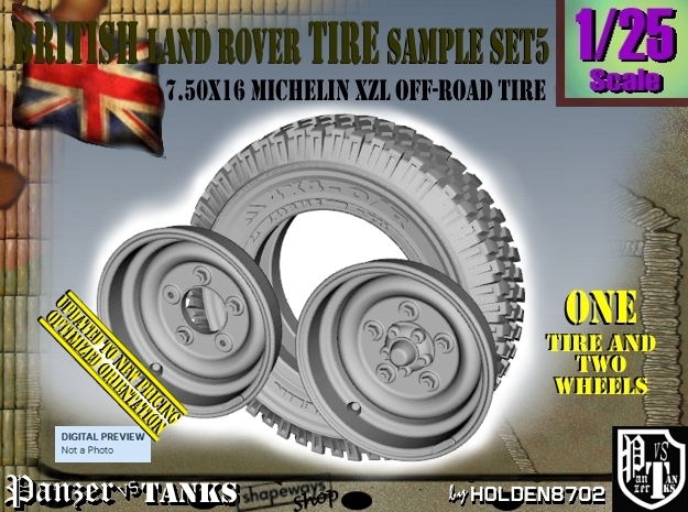 1/25 Land Rover 750x16 Tire and wheels Sample Set5 in Tan Fine Detail Plastic
