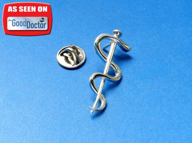 Rod of Asclepius Lapel Pin in Fine Detail Polished Silver
