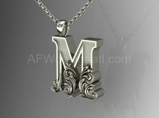 Scroll Letter M – Initial Letter Pendant in Fine Detail Polished Silver