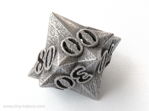 Faceted - 10D10, ten sided gaming dice, D% decader in Polished Bronzed Silver Steel