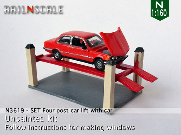 SET Four post car lift with car (N 1:160) in Tan Fine Detail Plastic
