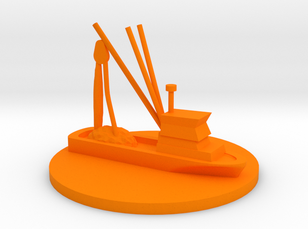 Fishing Boat Game Piece on 40mm disk in Orange Processed Versatile Plastic