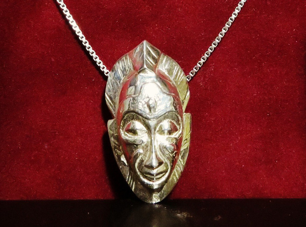 African Mask Necklace in Polished Gold Steel: Small