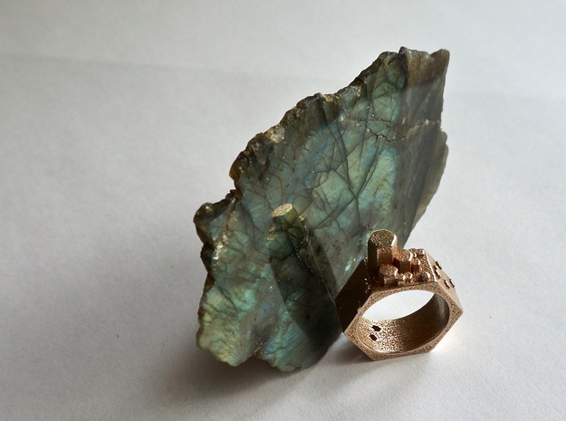 Hex Crystal Ring in Polished Bronzed-Silver Steel