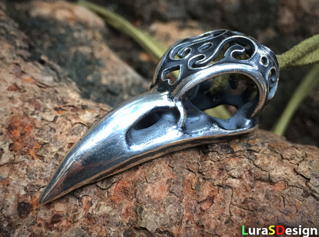 Raven Skull Pendant in Polished Bronzed Silver Steel: Medium