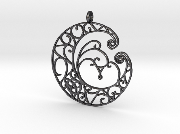 Celtic Wiccan Moon Pendant  in Polished and Bronzed Black Steel