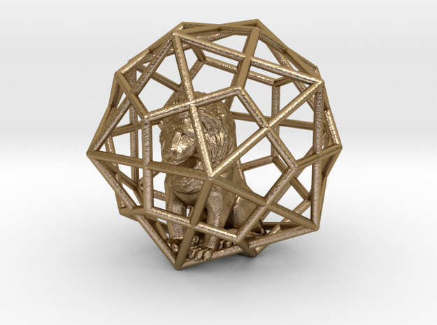 Lion inside Icosa dodeca Cage in Polished Gold Steel