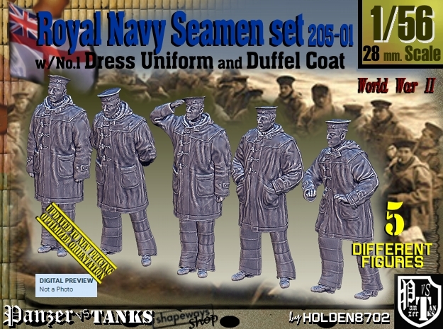 1/56 Royal Navy Seamen DC+No1 Set205-01 in Smooth Fine Detail Plastic
