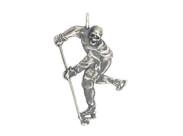 Ice Hockey Player Skull Jewelry Pendant in Antique Silver